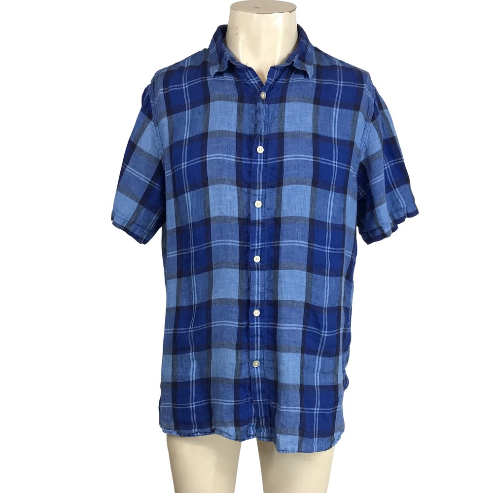 Banana Republic Camden Fit Blue Plaid Linen Short Sleeve Button Up Shirt Size M